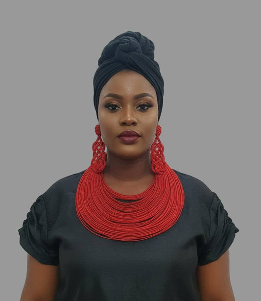 Rope Layered Necklace & Earrings Set Red: Red