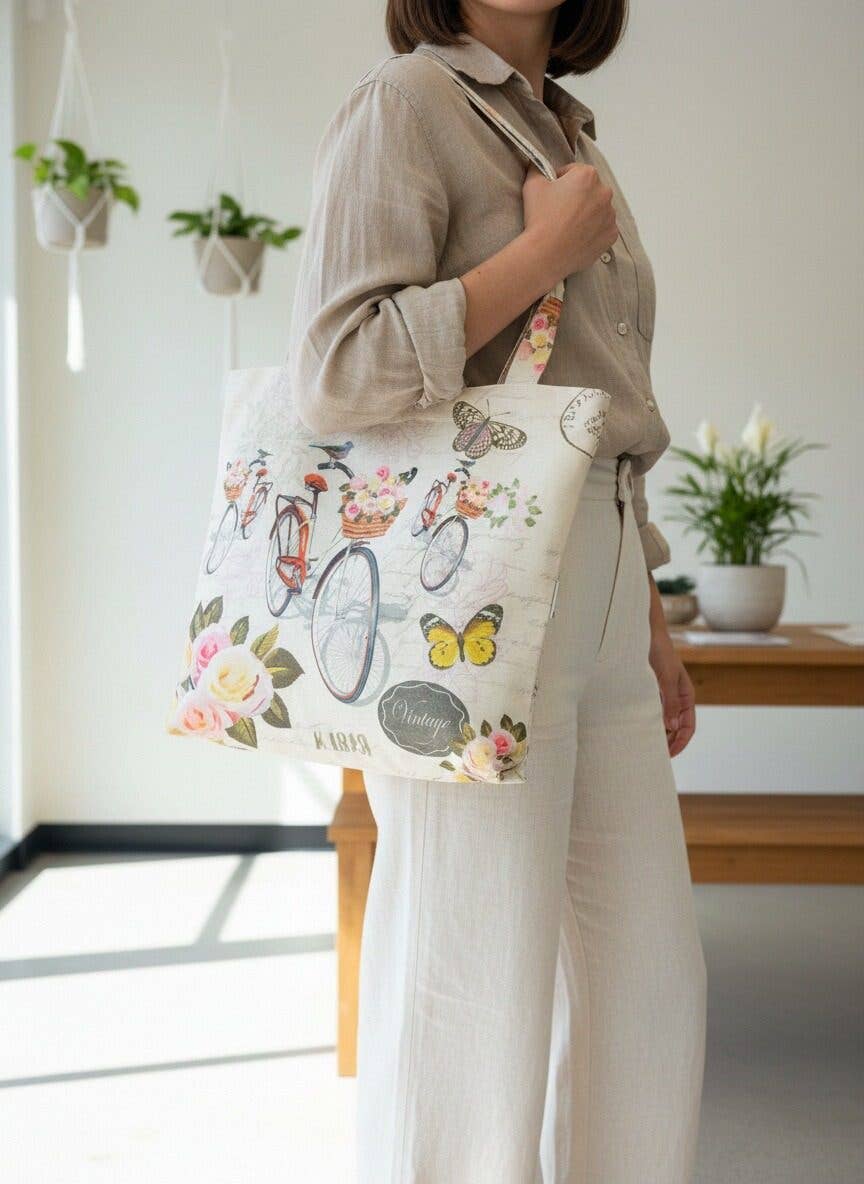 JCFB0132 Vintage Butterfly Bicycle Floral Tote Bag