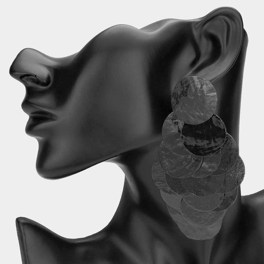 Oversized Transparent Colored Resin Disc Layered Chandelier Earrings: Black