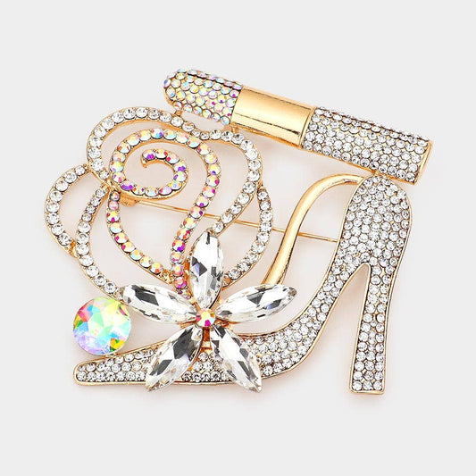 Rhinestone Pave High Heel Flower Lipstick Brooch: Gold