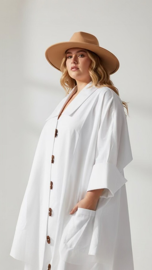 Cotton Swing Dress / Top Wooden Buttons White - DRS029S