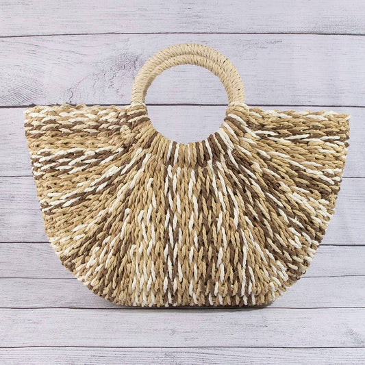Multi Tone Straw Half Moon Round Handle Tote Bag: BEI