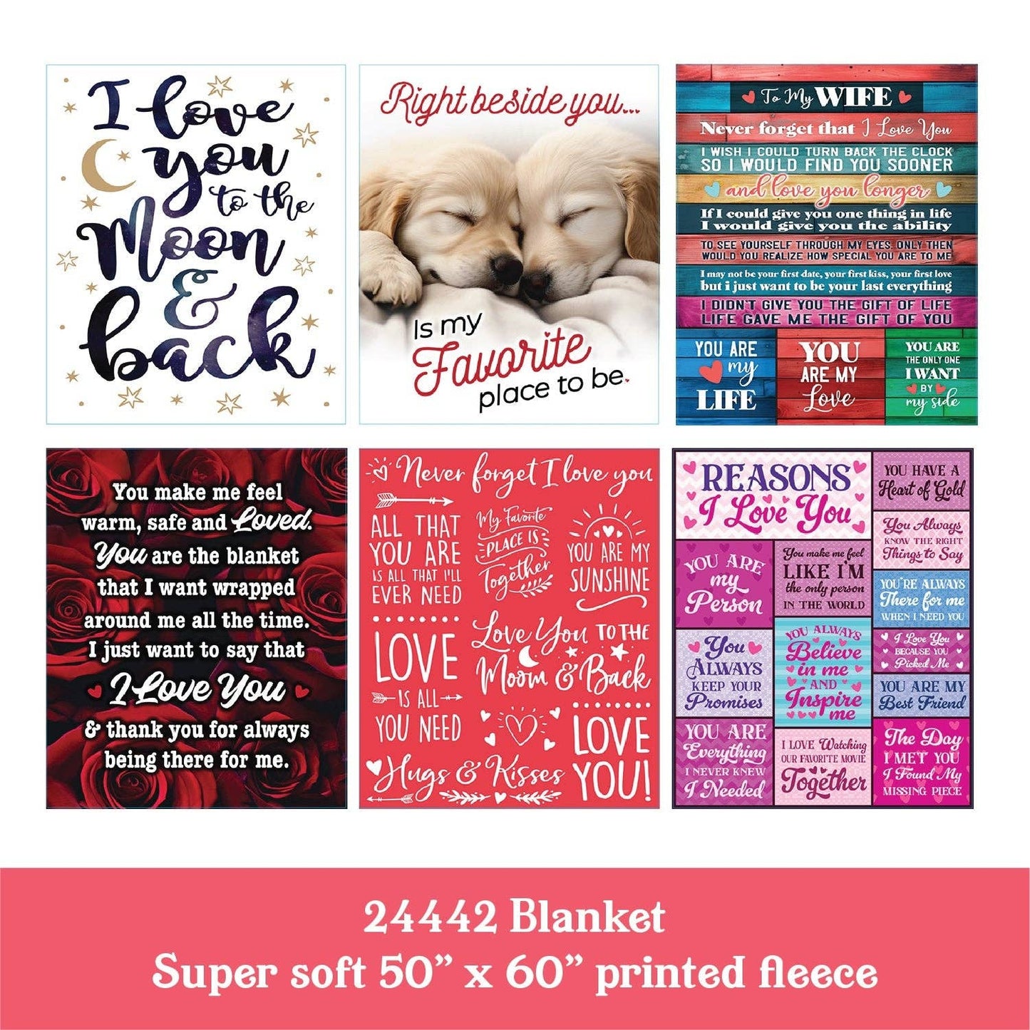 Jumbo Plush Fleece Blanket 50 x 60 LOVE Assortment- 6/Pack: Closeout Price