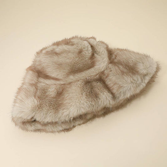 Soft Plush Faux Fur Winter Bucket Hat: Beige