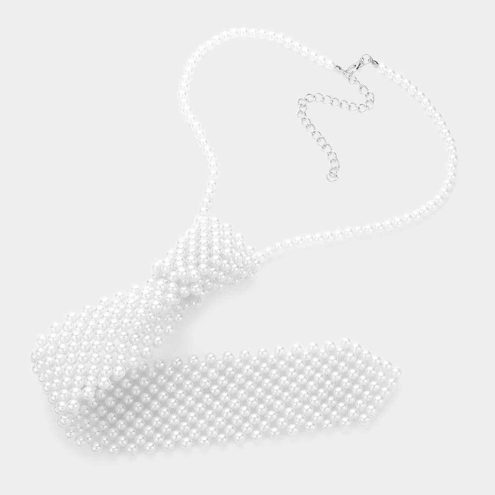 Pearl Neck Tie Necklace: Red