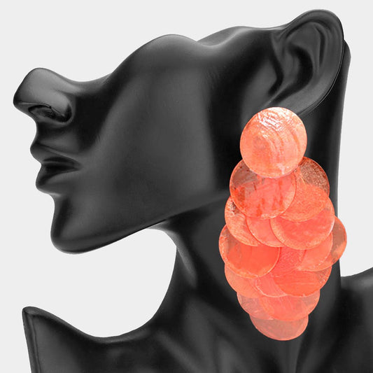Oversized Transparent Colored Resin Disc Layered Chandelier Earrings: Coral