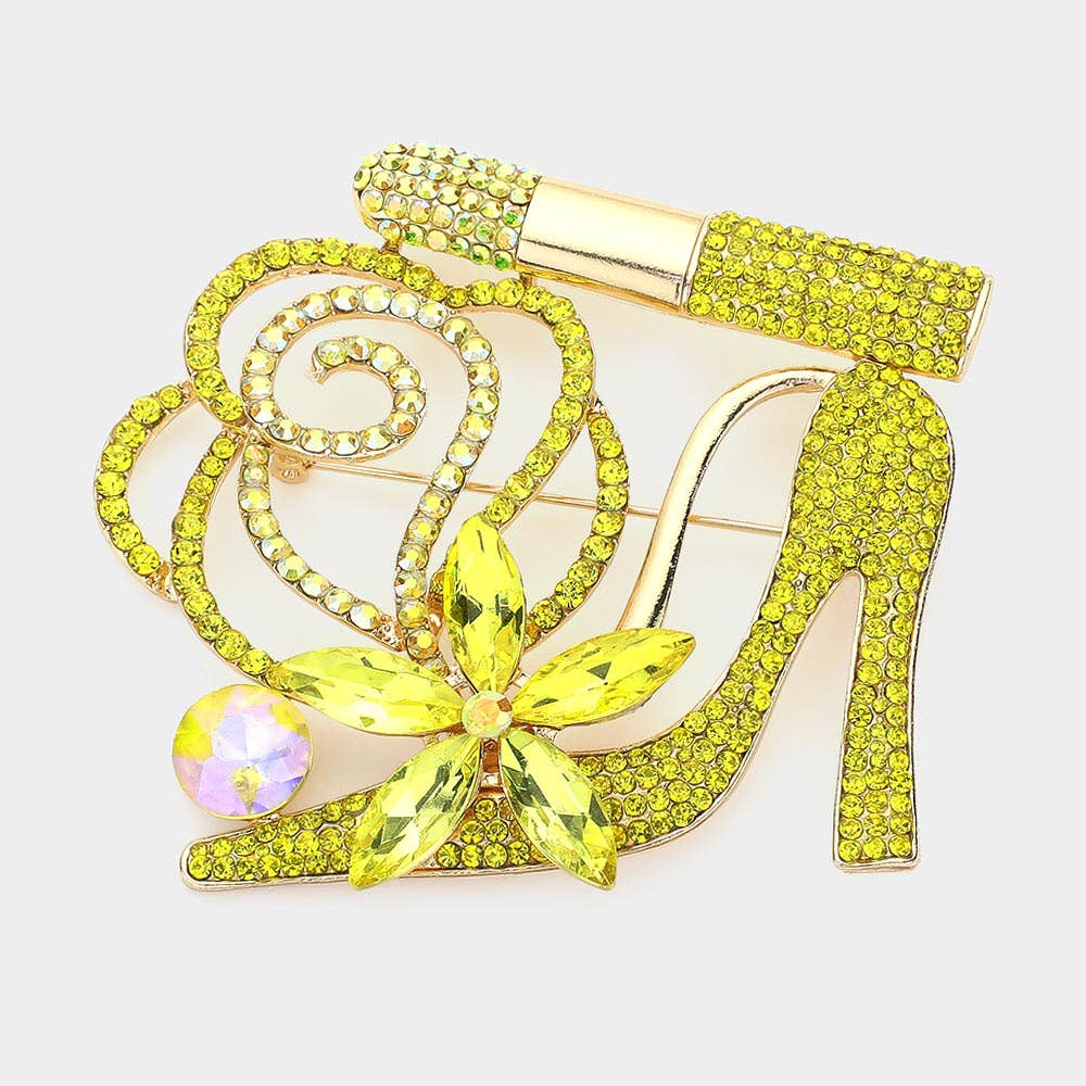 Rhinestone Pave High Heel Flower Lipstick Brooch: Gold