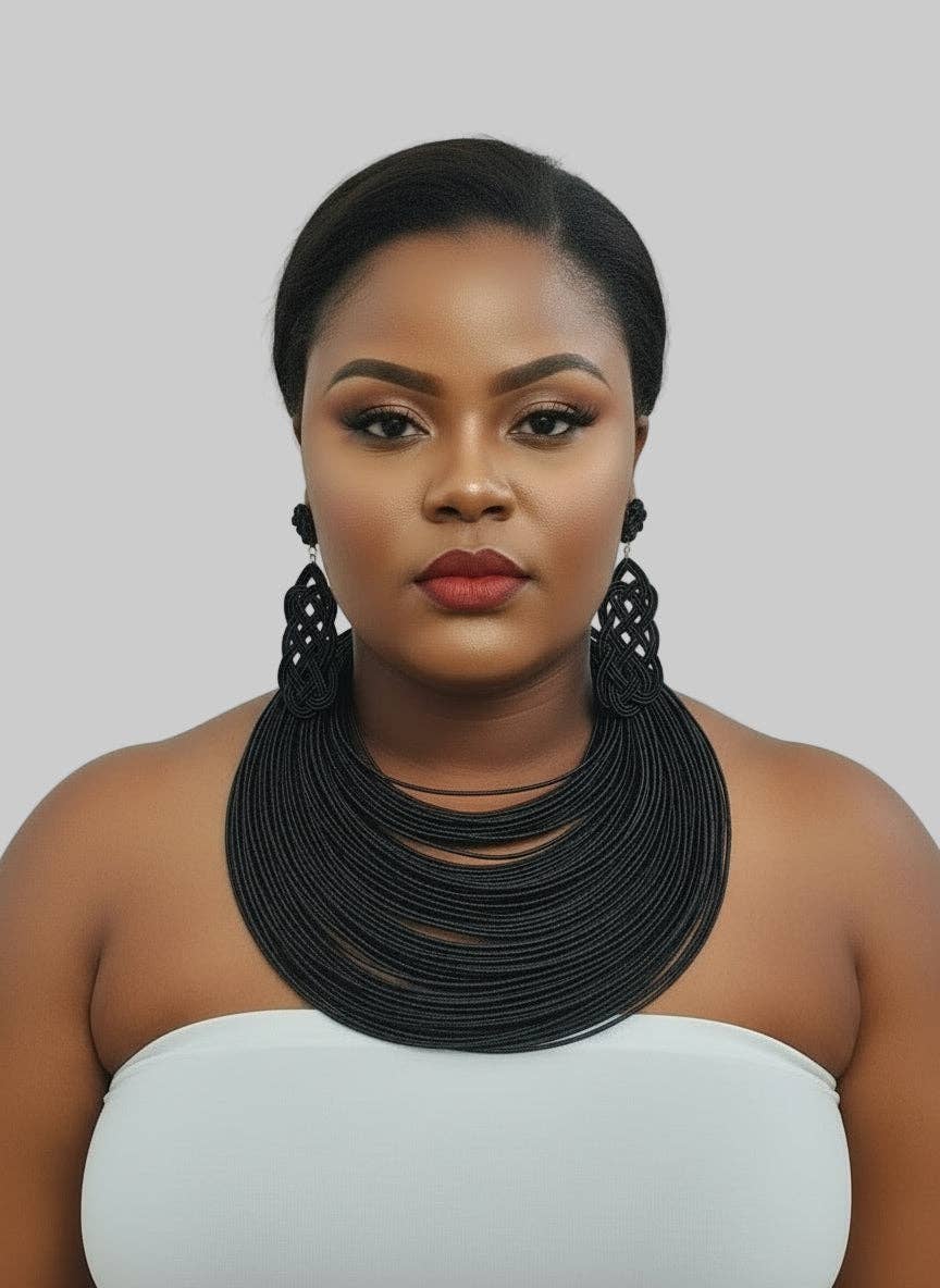 Rope Layered Necklace & Earrings Set Black: Black