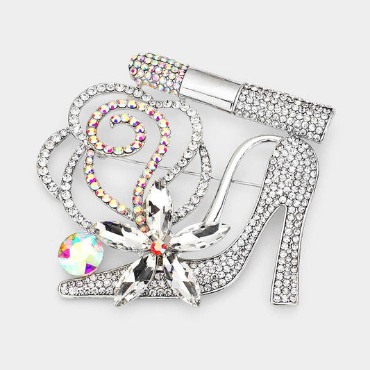 Rhinestone Pave High Heel Flower Lipstick Brooch: Silver