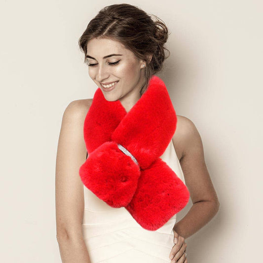 Faux Fur Bling Pull Through Scarf: Red