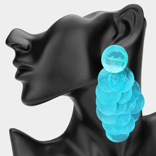 Oversized Transparent Colored Resin Disc Layered Chandelier Earrings: Aqua