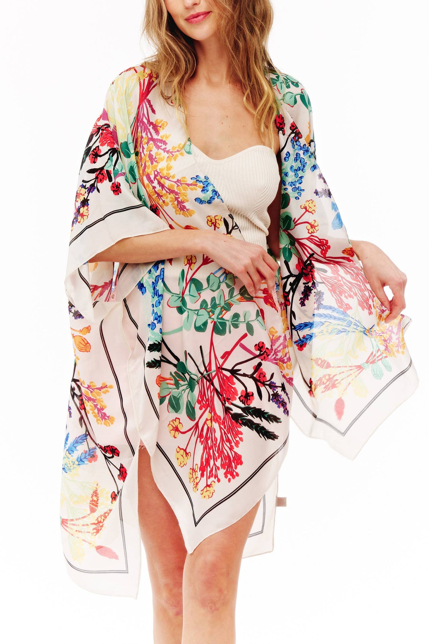Varied Flowers & Plants Translucent Kimono w/ Contrast Trim