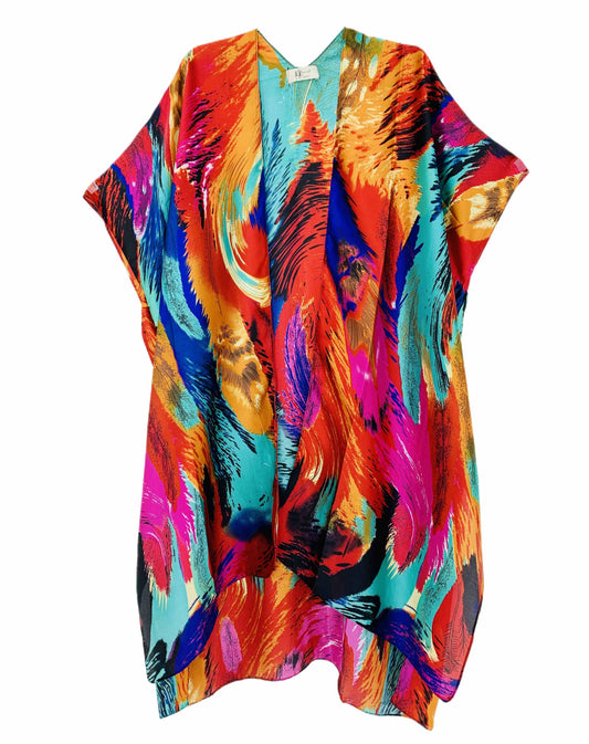 JC083318 Silk Blend Abstract Feather Kimono