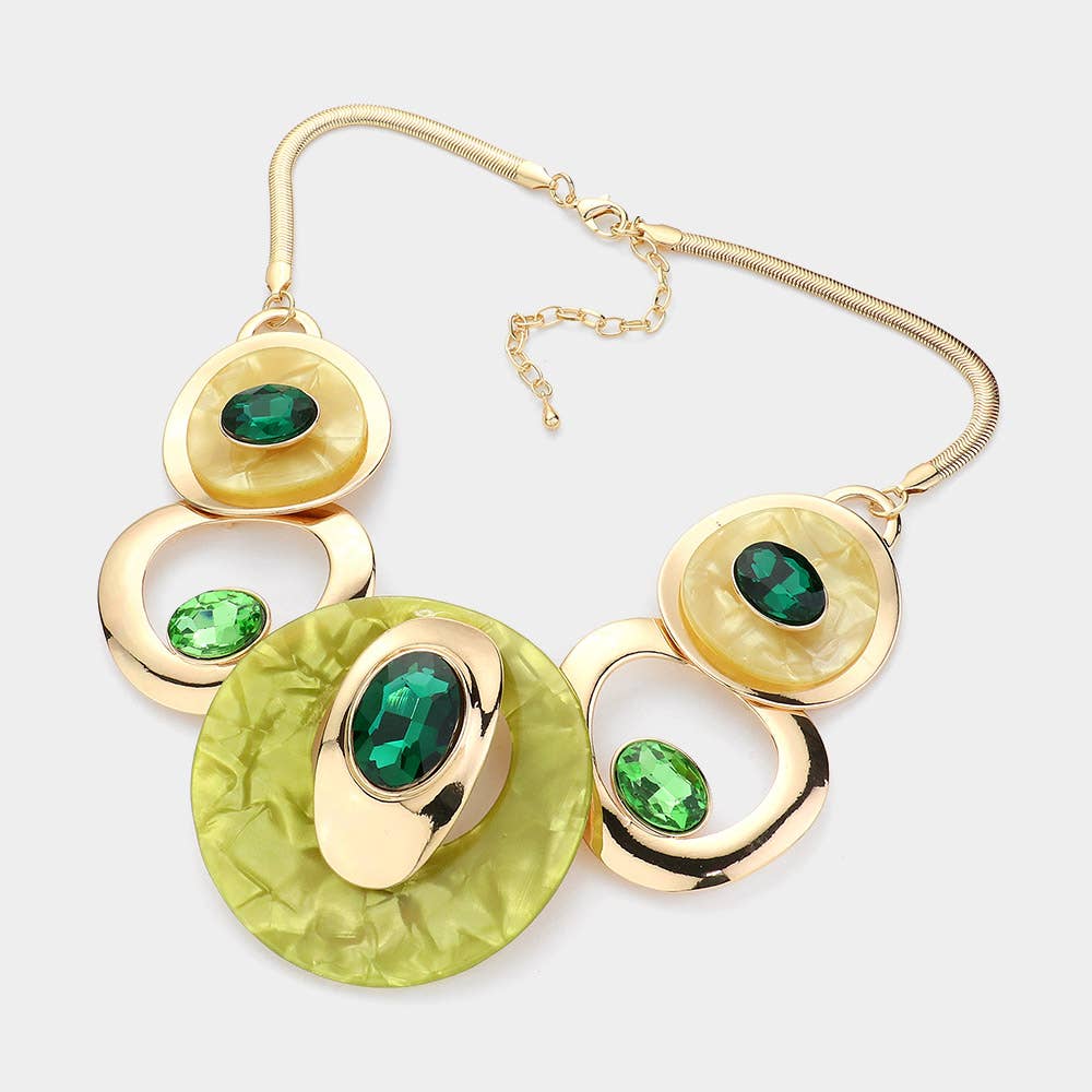 Celluloid Acetate Glass Stone Metal Statement Necklace: Silver,White