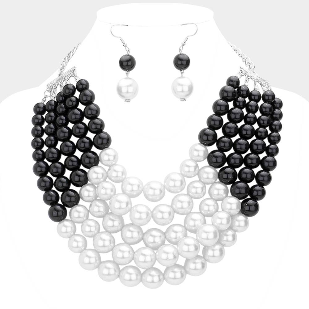 Chunky Multi Strand Pearl Bib Necklace: WHITE BLACK
