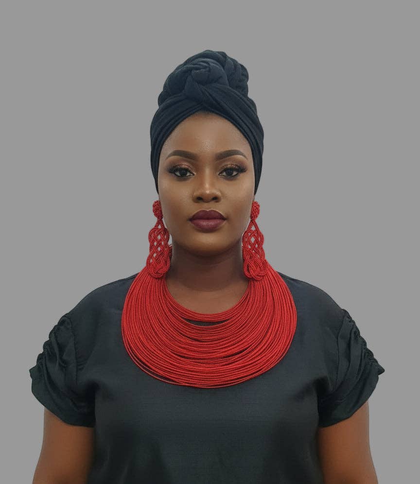 Rope Layered Necklace & Earrings Set Red: Red