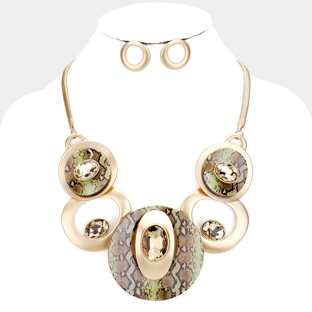 Celluloid Acetate Glass Stone Metal Statement Necklace: Silver,White