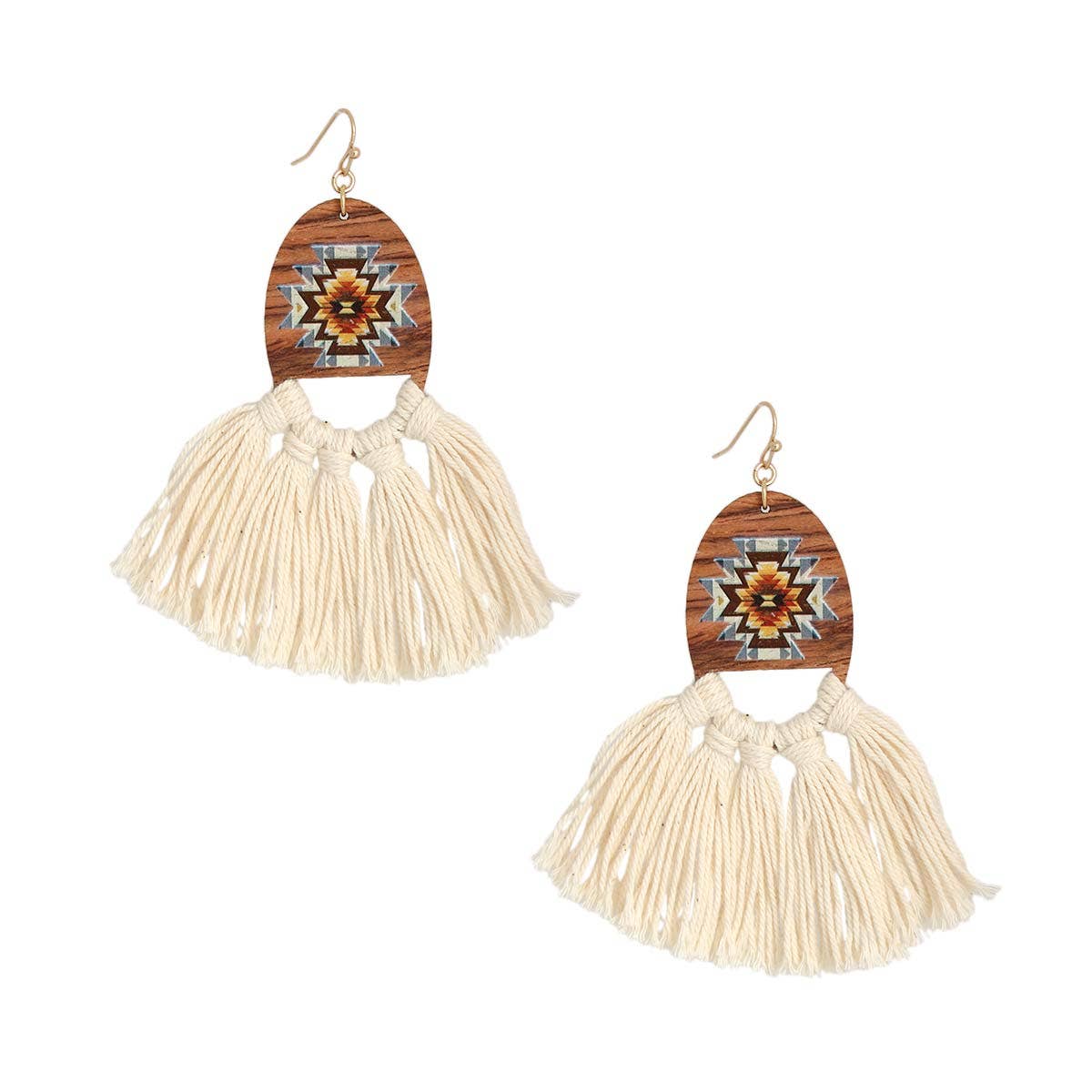 Cream Tassel Wooden Earrings: Cream / 3.5 inches / Gold