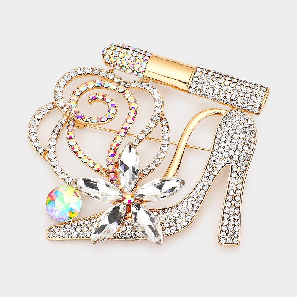 Rhinestone Pave High Heel Flower Lipstick Brooch: Silver