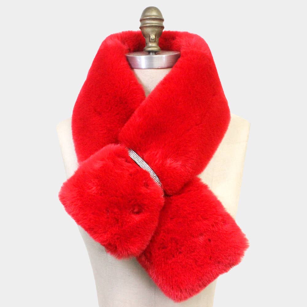 Faux Fur Bling Pull Through Scarf: Red