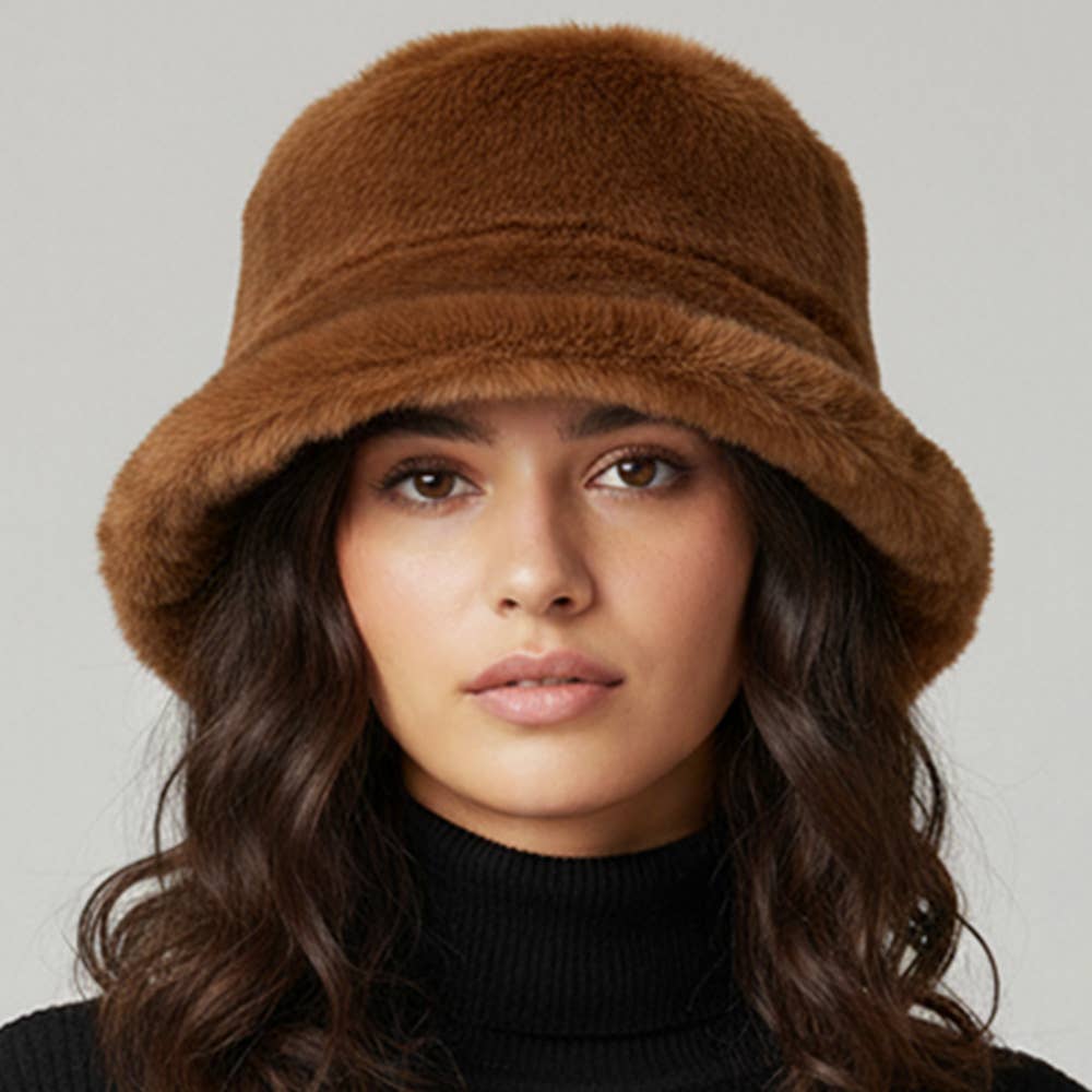 Soft Plush Faux Fur Winter Bucket Hat: Burgundy