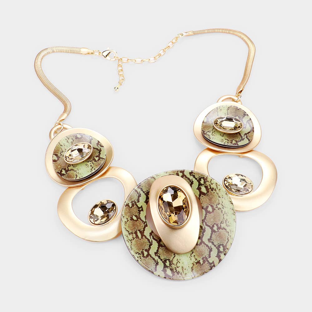 Celluloid Acetate Glass Stone Metal Statement Necklace: Silver,White
