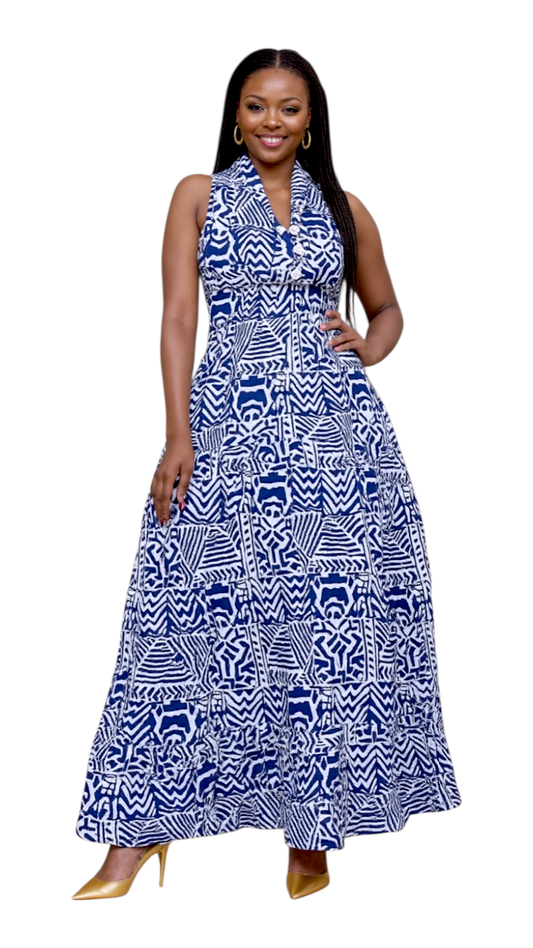 Long Smocked Dress With Scarf 5005 / 3028L Blue/White: Blue/white