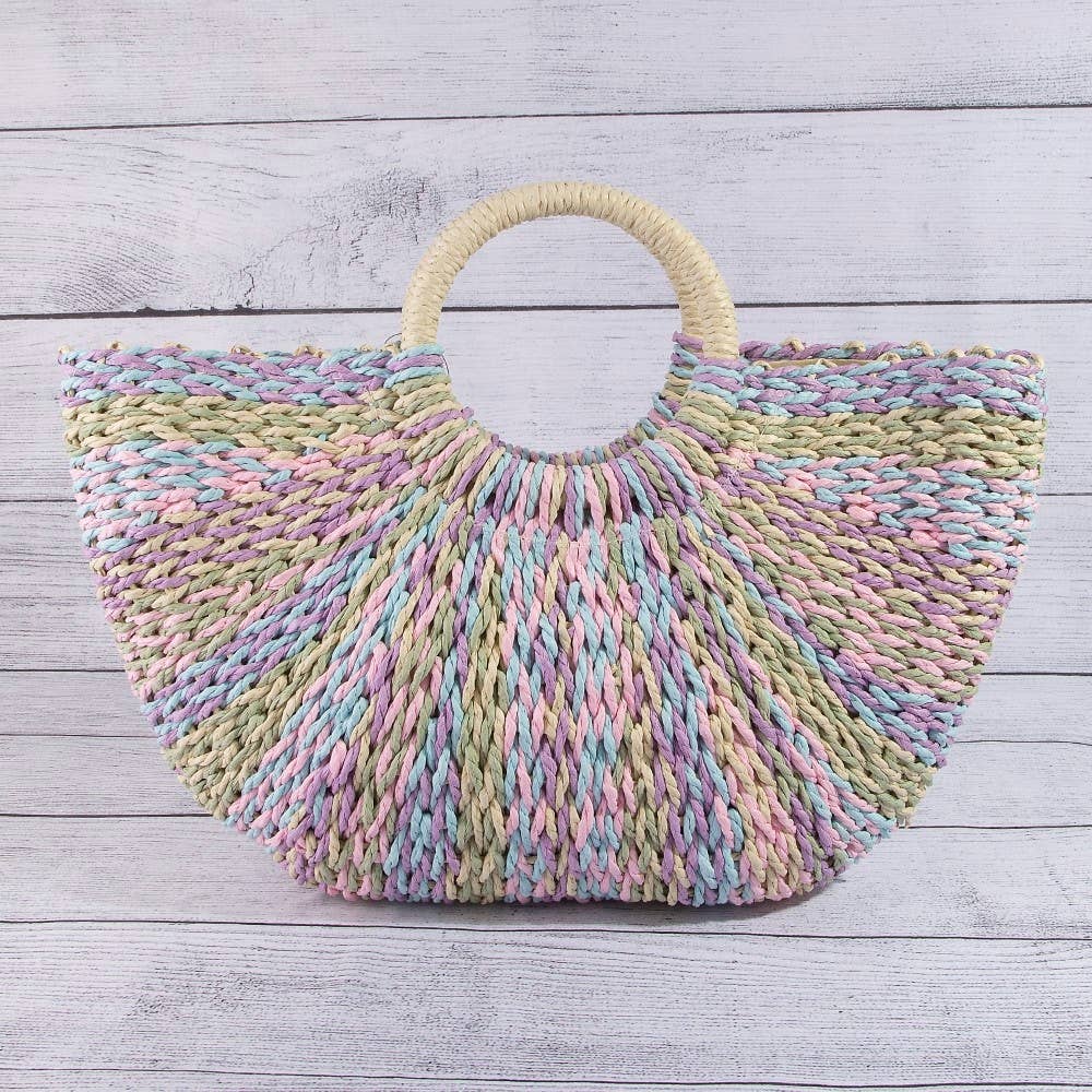 Multi Tone Straw Half Moon Round Handle Tote Bag: BEI