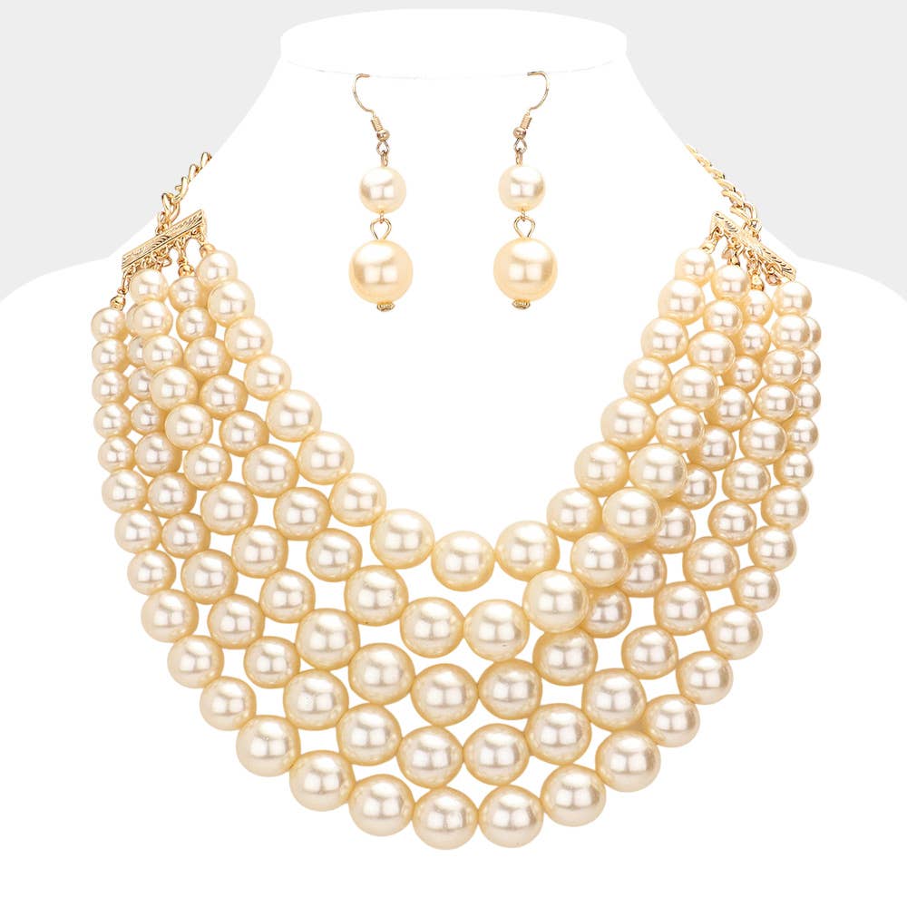Chunky Multi Strand Pearl Bib Necklace: CREAM BLACK