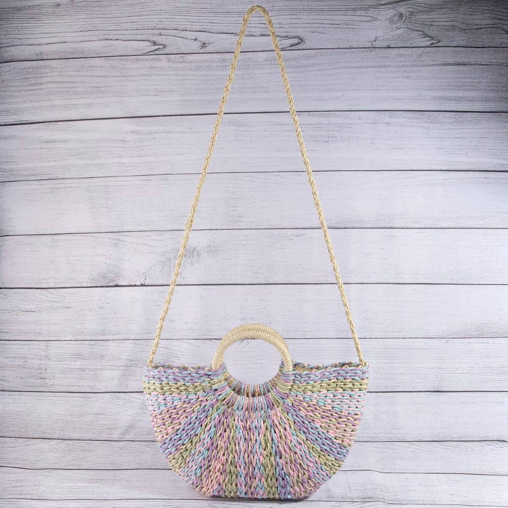 Multi Tone Straw Half Moon Round Handle Tote Bag: BEI