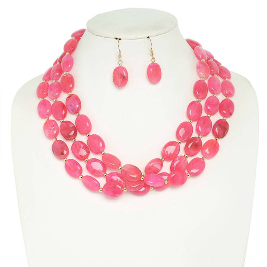 Multi Strand Natural Gemstone Beaded Necklace Set: Pink