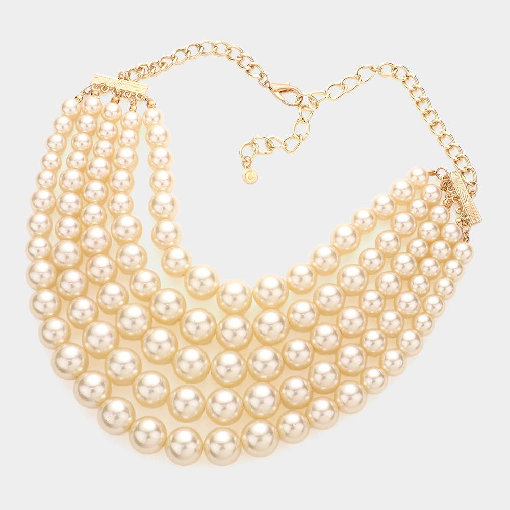 Chunky Multi Strand Pearl Bib Necklace: CREAM BLACK