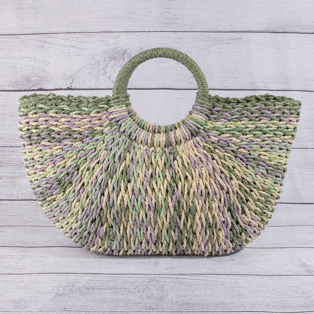 Multi Tone Straw Half Moon Round Handle Tote Bag: BEI