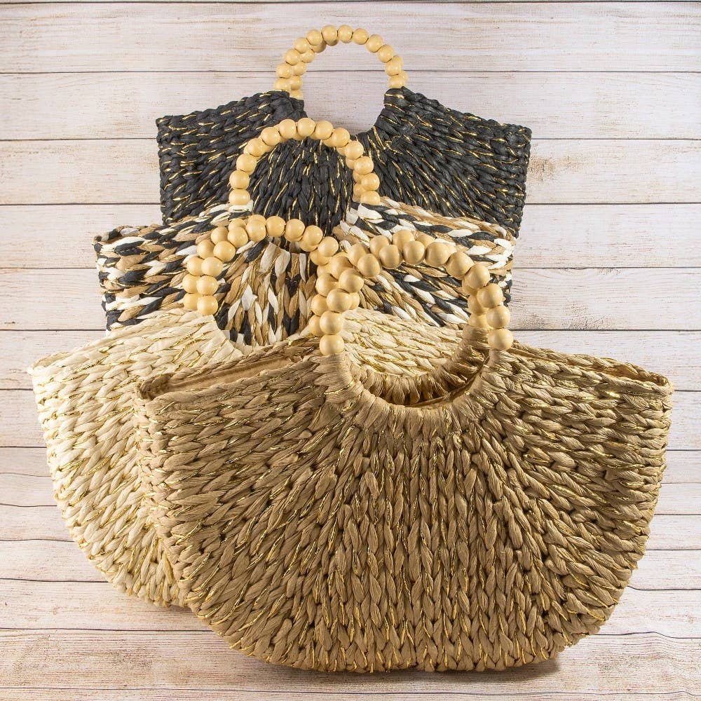 Straw Braided Half Moon Round Handle Tote Bag: B