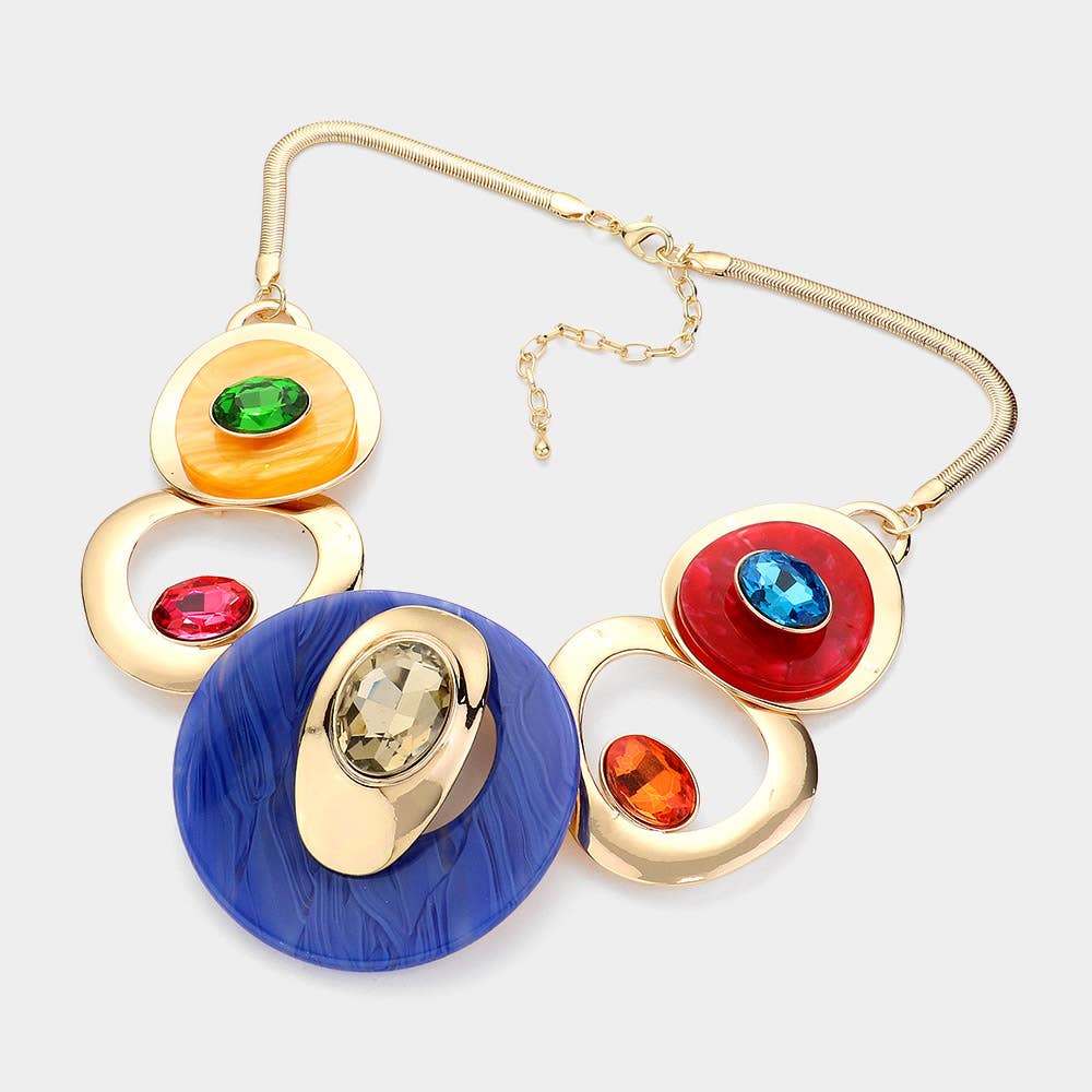 Celluloid Acetate Glass Stone Metal Statement Necklace: Silver,White