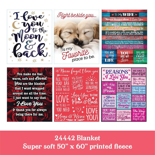 Jumbo Plush Fleece Blanket 50 x 60 LOVE Assortment- 6/Pack: Closeout Price