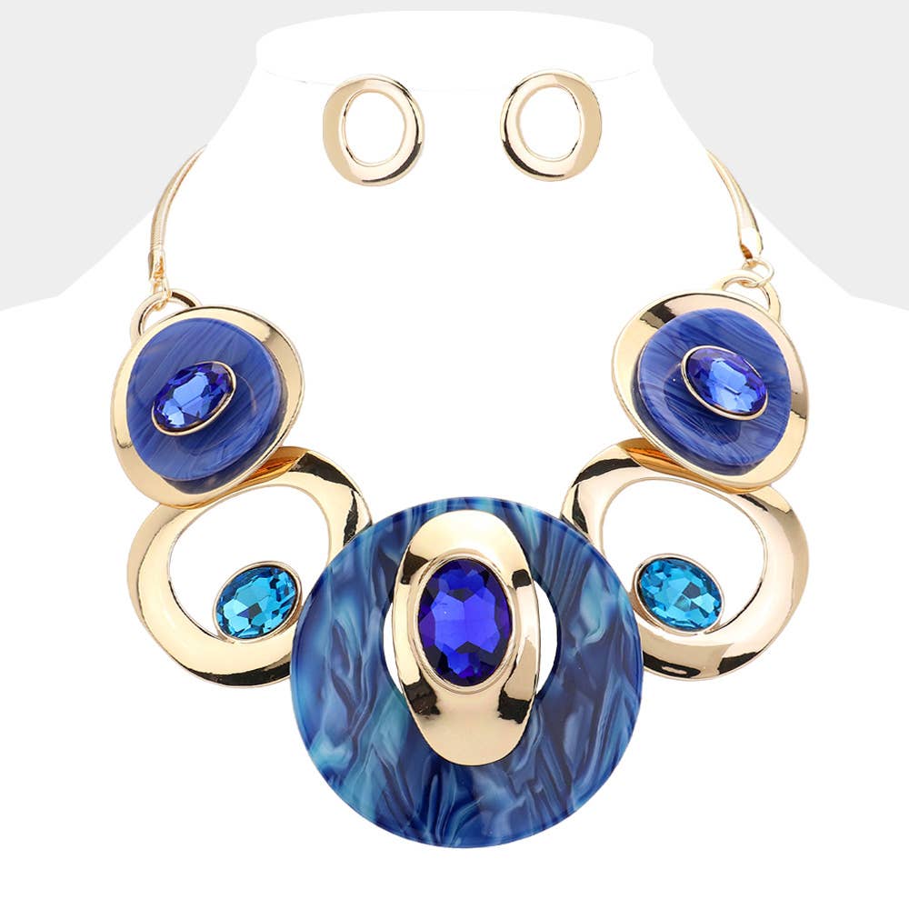 Celluloid Acetate Glass Stone Metal Statement Necklace: Silver,White
