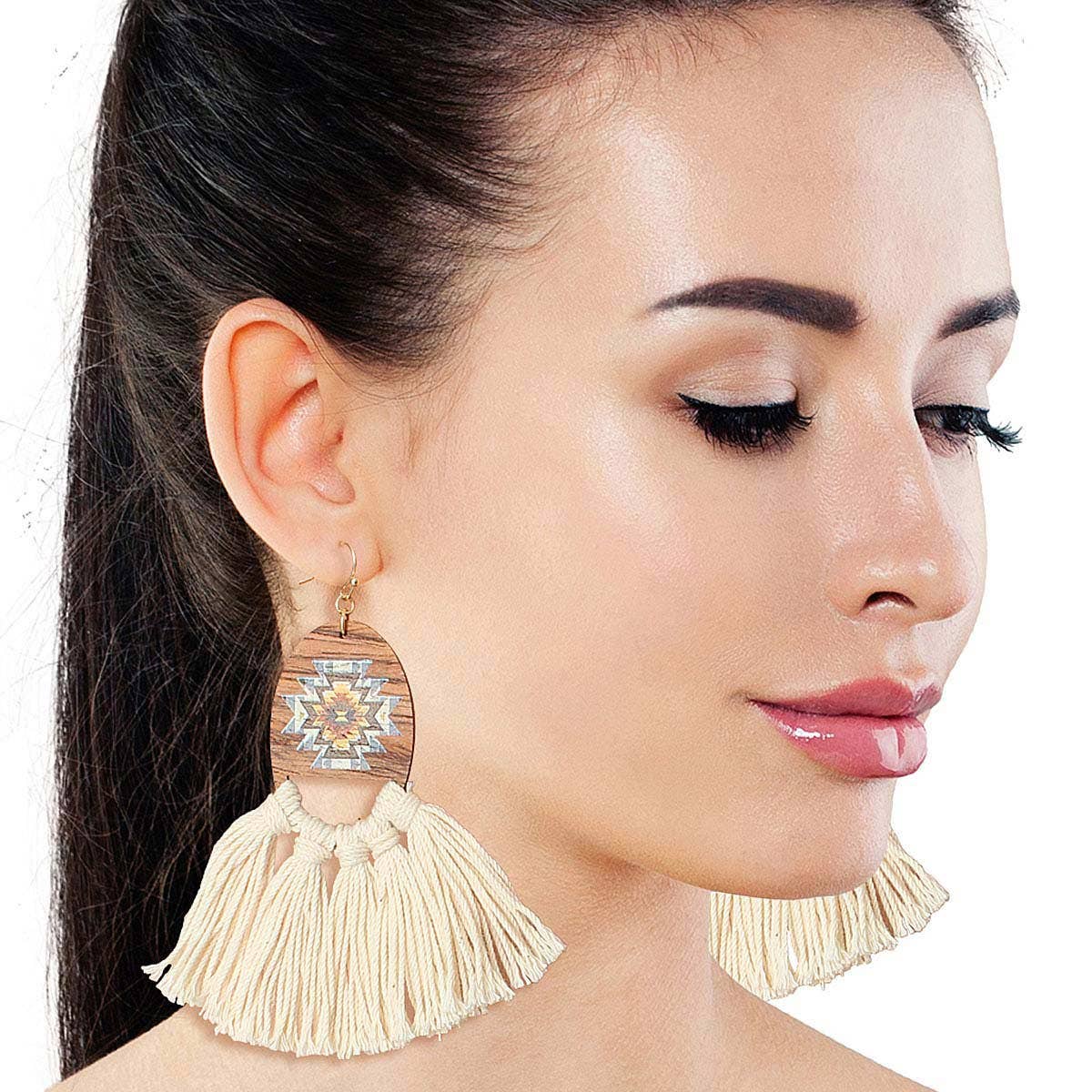 Cream Tassel Wooden Earrings: Cream / 3.5 inches / Gold