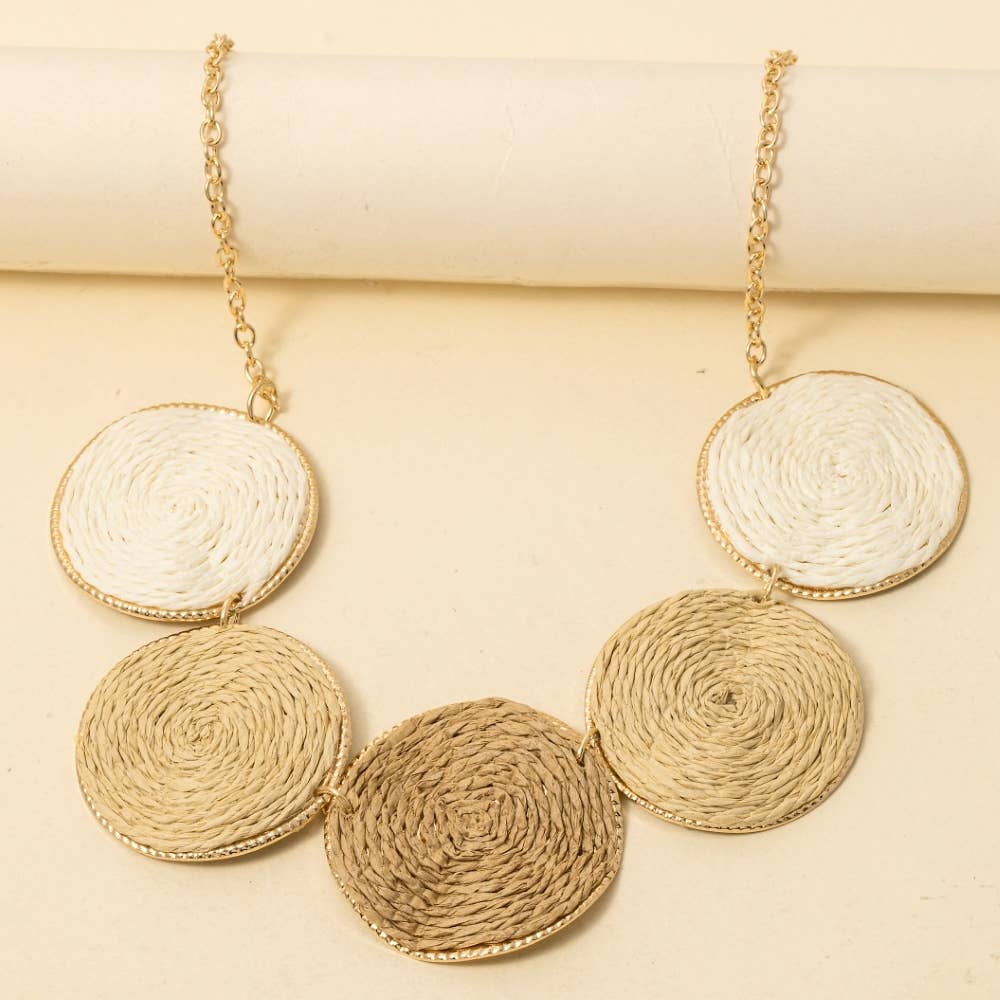 3 Tone Straw Discs Statement Chain Necklace: MU