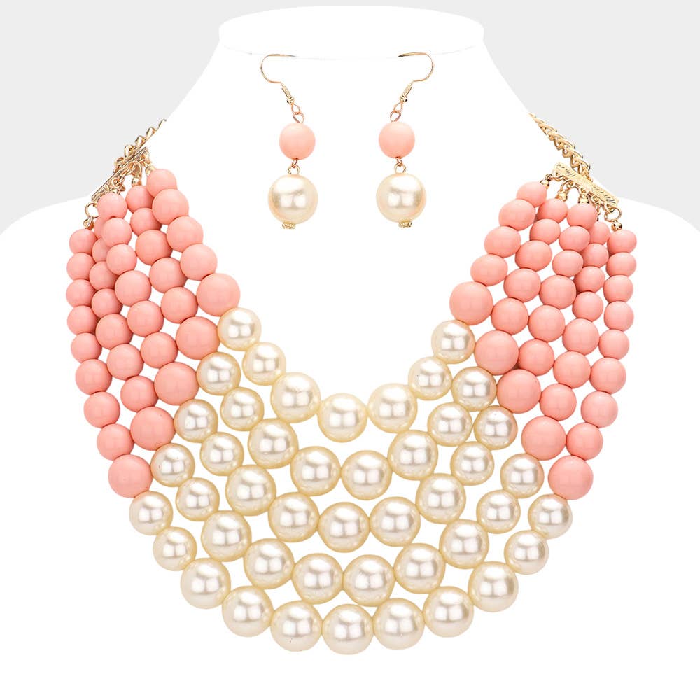 Chunky Multi Strand Pearl Bib Necklace: WHITE BLACK