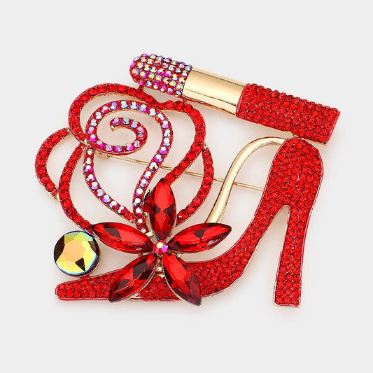 Rhinestone Pave High Heel Flower Lipstick Brooch: Red
