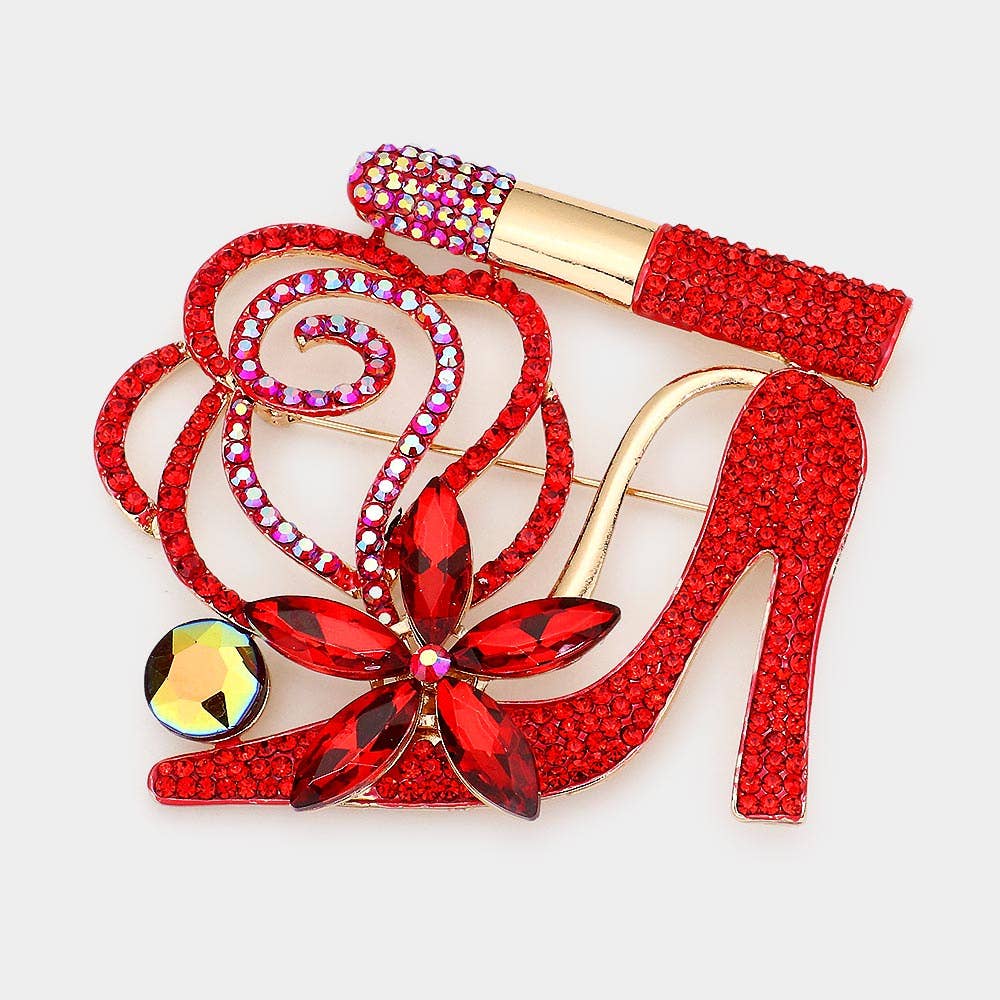 Rhinestone Pave High Heel Flower Lipstick Brooch: Gold