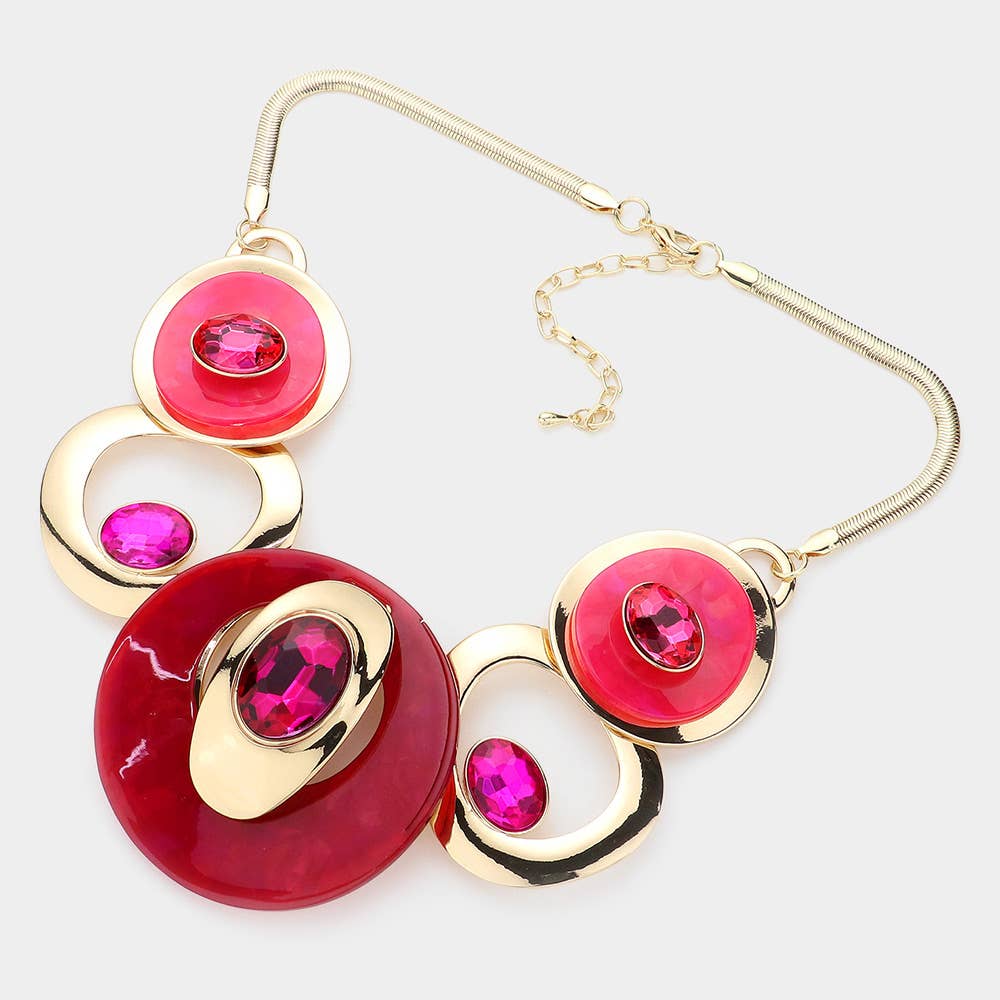 Celluloid Acetate Glass Stone Metal Statement Necklace: Silver,White