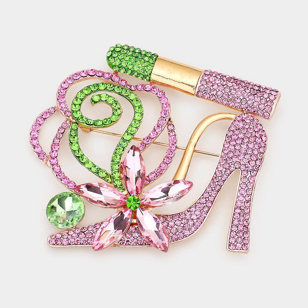 Rhinestone Pave High Heel Flower Lipstick Brooch: Red
