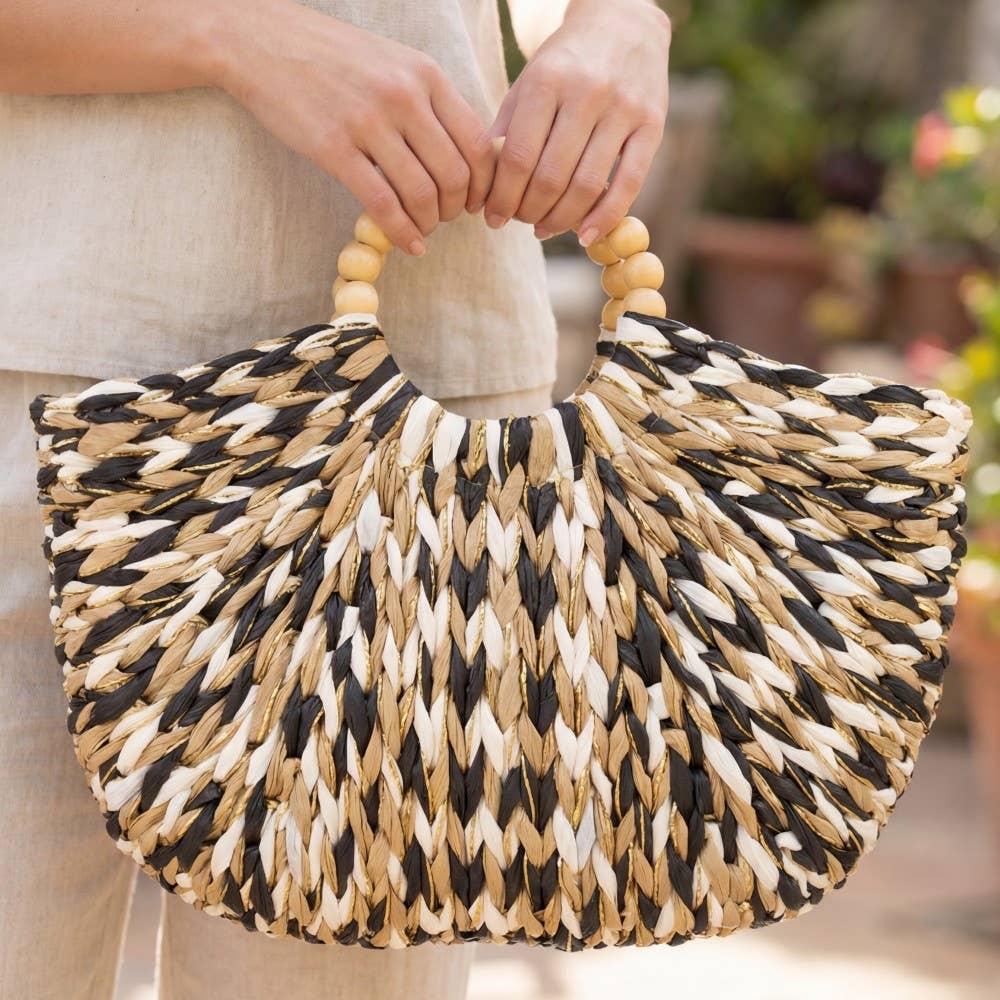 Straw Braided Half Moon Round Handle Tote Bag: B