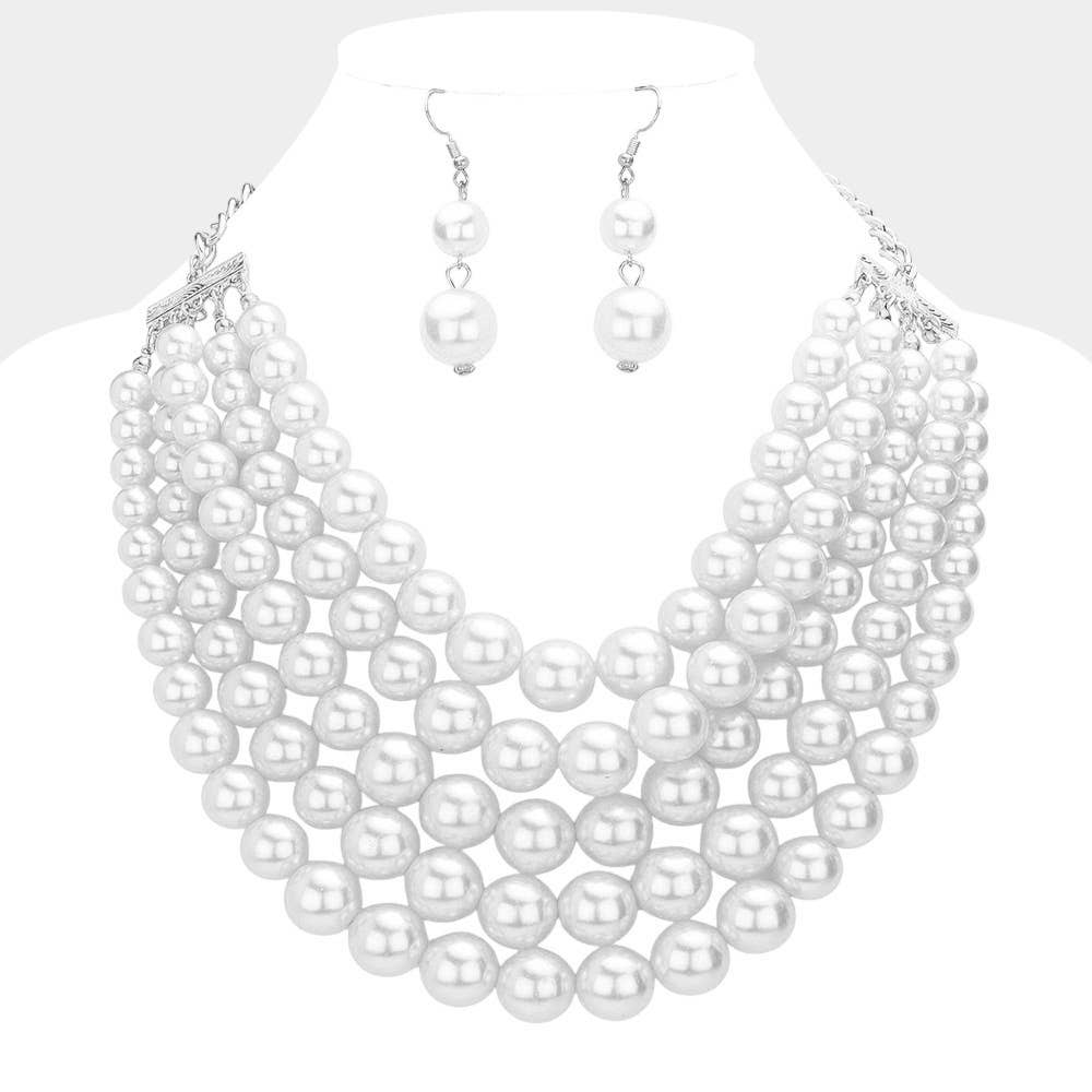 Chunky Multi Strand Pearl Bib Necklace: CREAM BLACK