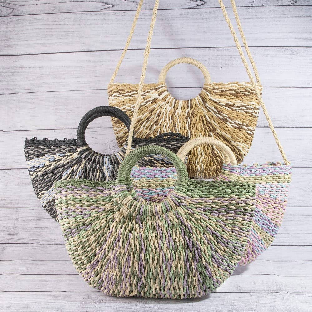 Multi Tone Straw Half Moon Round Handle Tote Bag: BEI