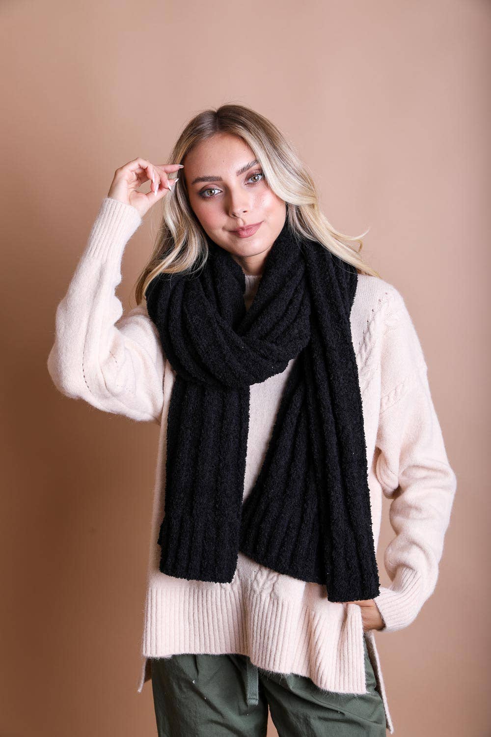 Ultra Soft Boucle Vertical Knit Scarf: Bone