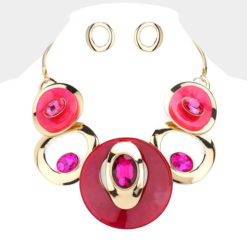 Celluloid Acetate Glass Stone Metal Statement Necklace: Silver,White
