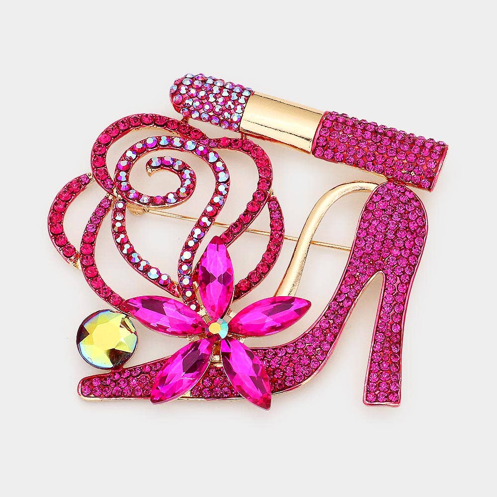 Rhinestone Pave High Heel Flower Lipstick Brooch: Red